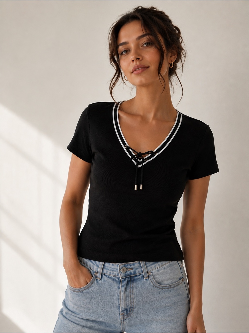 Liz & Co. Women’s Black Ribbed Lace-Up V-Neck Top Size L 100%